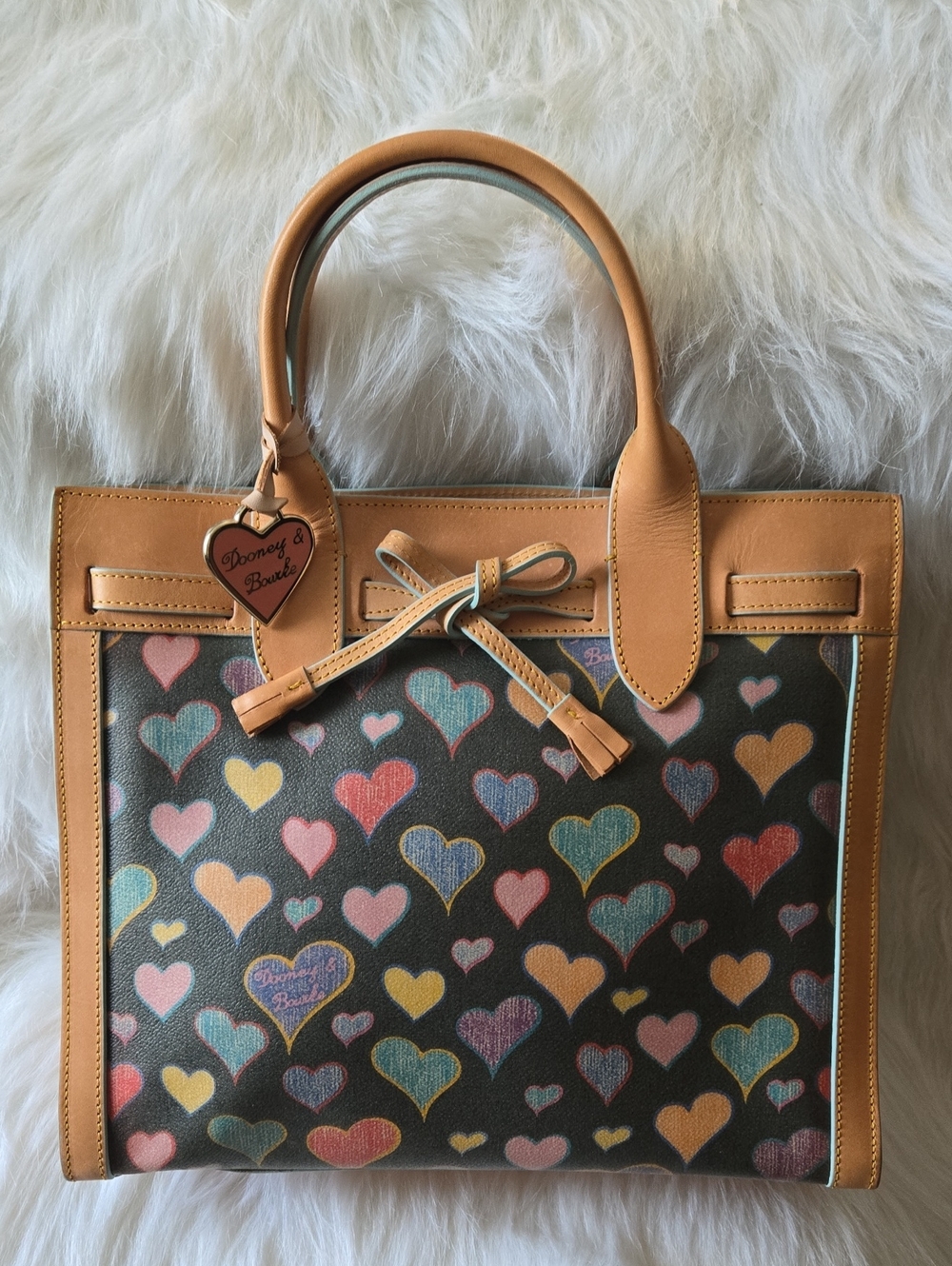 Dooney & Bourke Multicolor Scribble Heart Print Tote with Tan Trim